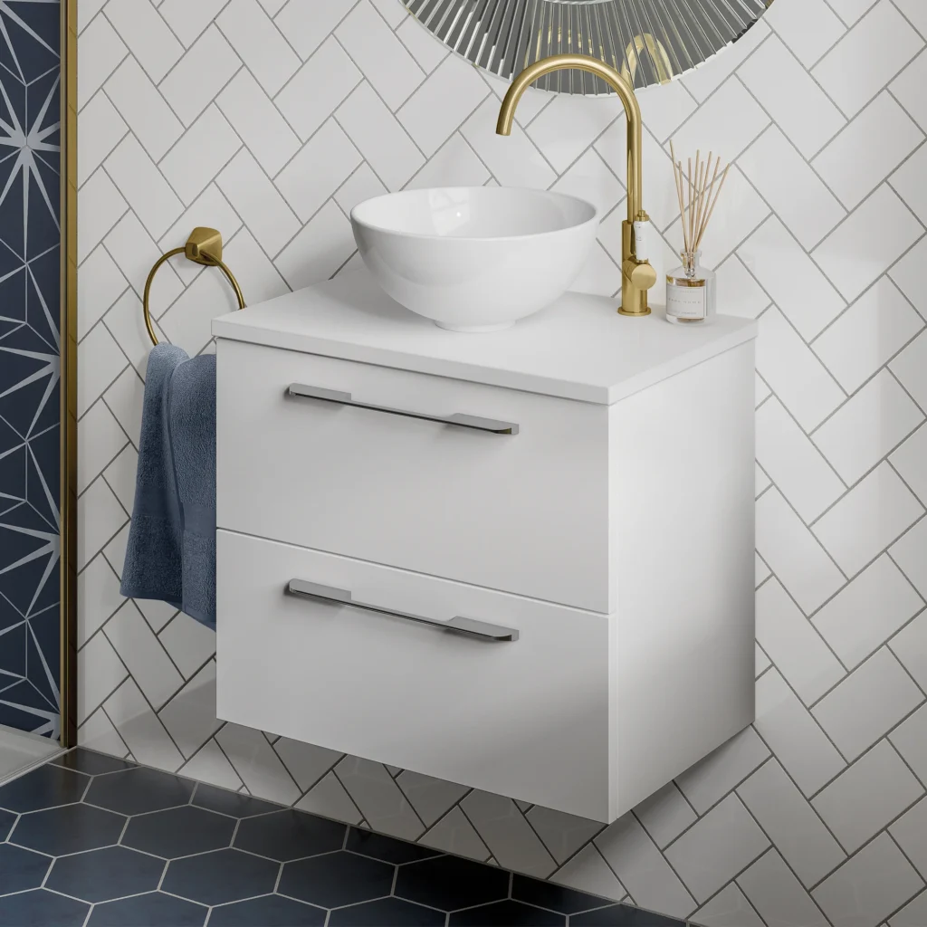 Compact white bathroom vanity unit with basin